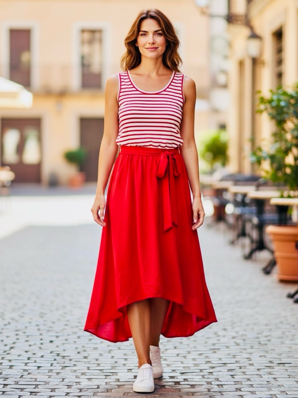 Suzy Shier Red High-Low Tie-Waist Skirt with Striped Tank
